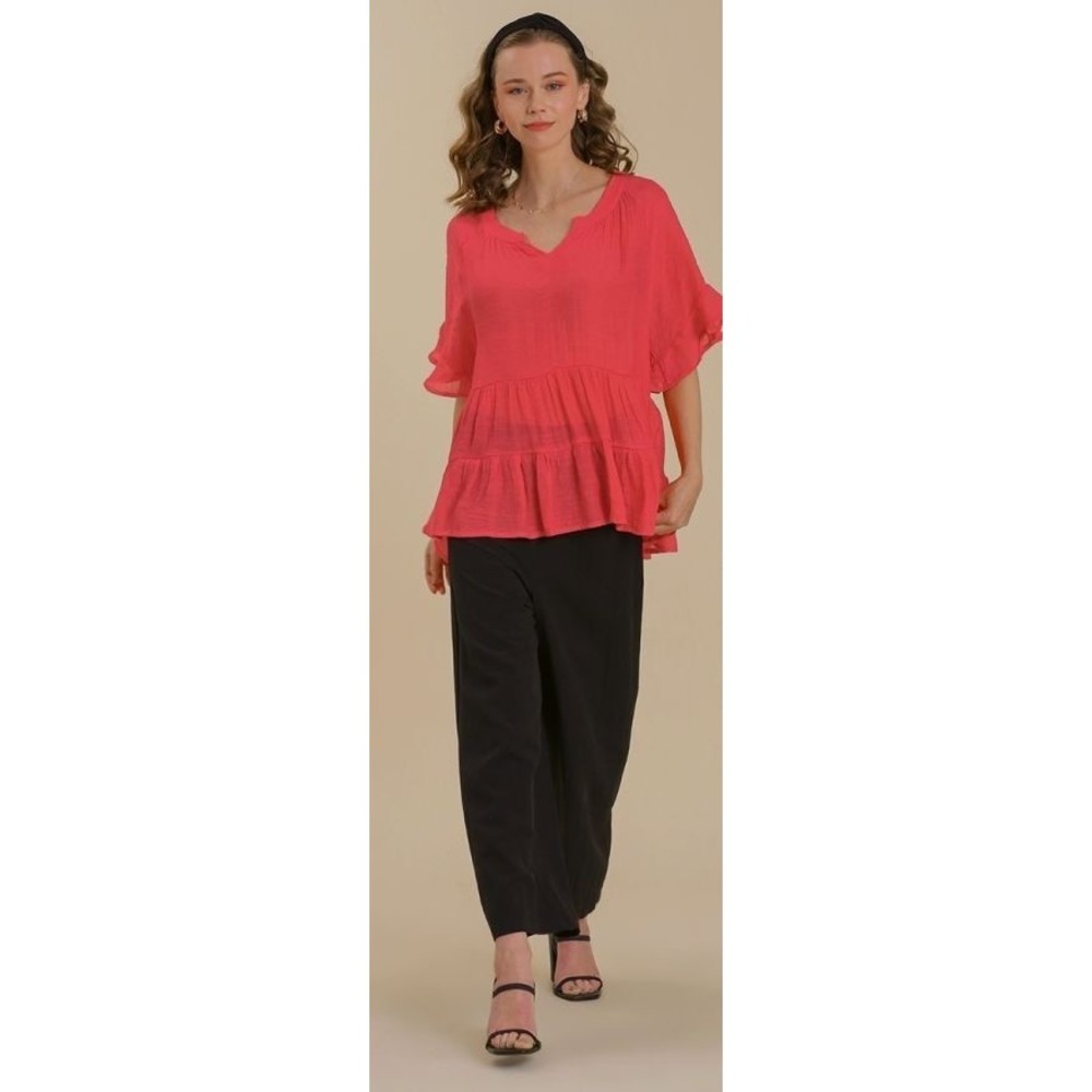 New UMGEE M 8 10 Strawberry Mandarin Collar V Neck Bell Ruffle Sleeve Tiered Top